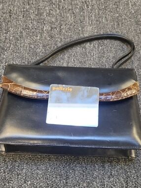 Pelizzio Black Leather Top-Handle Bag with Brown Trim